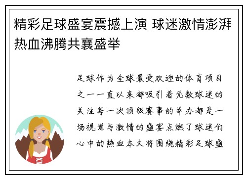 精彩足球盛宴震撼上演 球迷激情澎湃热血沸腾共襄盛举