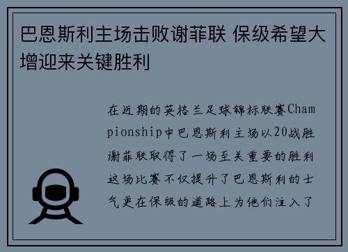 巴恩斯利主场击败谢菲联 保级希望大增迎来关键胜利