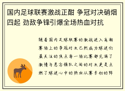 国内足球联赛激战正酣 争冠对决硝烟四起 劲敌争锋引爆全场热血对抗