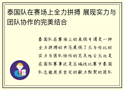 泰国队在赛场上全力拼搏 展现实力与团队协作的完美结合