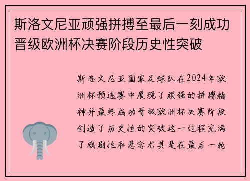 斯洛文尼亚顽强拼搏至最后一刻成功晋级欧洲杯决赛阶段历史性突破