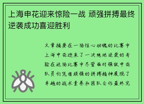 上海申花迎来惊险一战 顽强拼搏最终逆袭成功喜迎胜利