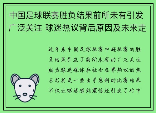 中国足球联赛胜负结果前所未有引发广泛关注 球迷热议背后原因及未来走向