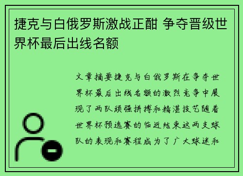 捷克与白俄罗斯激战正酣 争夺晋级世界杯最后出线名额