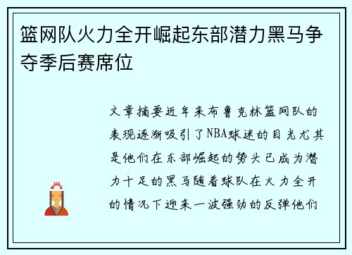 篮网队火力全开崛起东部潜力黑马争夺季后赛席位