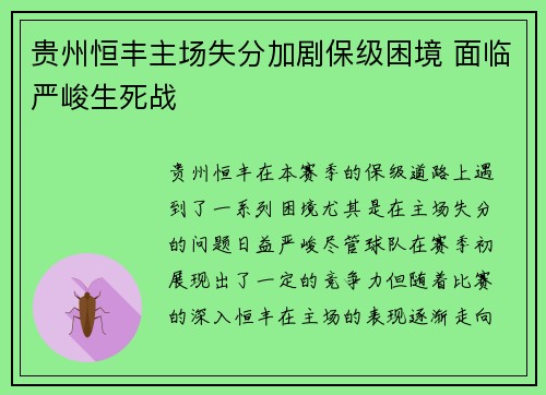 贵州恒丰主场失分加剧保级困境 面临严峻生死战