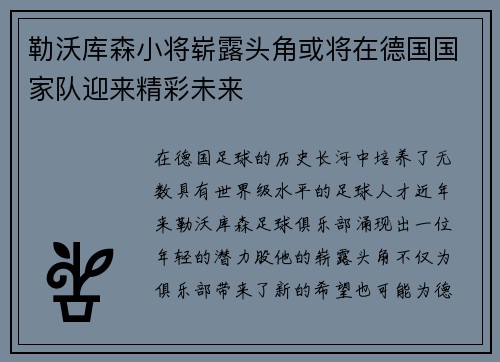 勒沃库森小将崭露头角或将在德国国家队迎来精彩未来