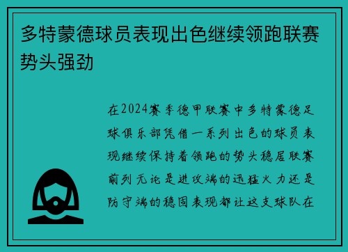 多特蒙德球员表现出色继续领跑联赛势头强劲